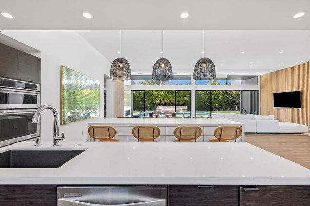 Interior, Kitchen, Living room, Pendant Lights, Recessed Lighting, Stainless Steel Appliances, Wood Texture Flooring