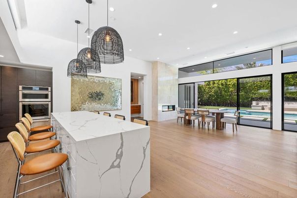 Dining room, Interior, Kitchen, Pendant Lights, Recessed Lighting, Stainless Steel Appliances, Wood Texture Flooring