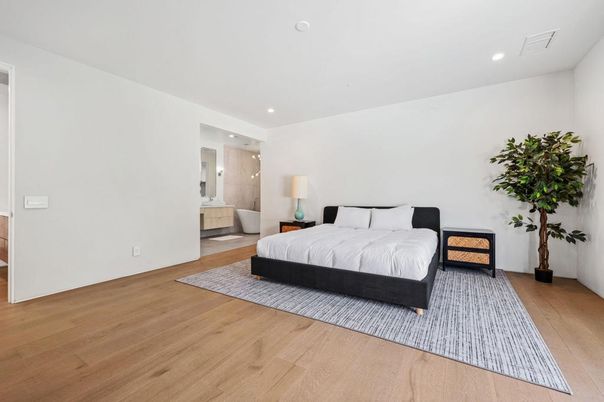 Bedroom, Interior, Recessed Lighting, Wood Texture Flooring