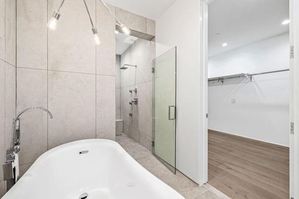 Bathroom, Glass Shower, Interior, Recessed Lighting, Wood Texture Flooring