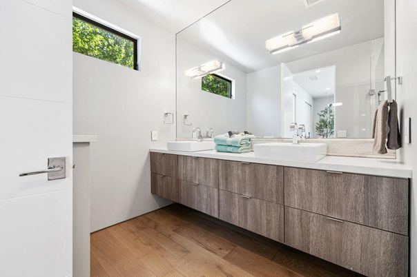 Bathroom, Dual Sink Vanities, Glass Shower, Interior, Wood Texture Flooring