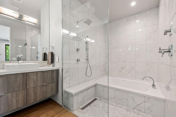 Bathroom, Glass Shower, Interior, Marble Walls, Recessed Lighting, Wood Texture Flooring