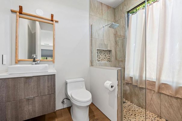 Bathroom, Glass Shower, Interior, Wood Texture Flooring