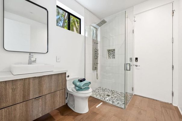 Bathroom, Glass Shower, Interior, Wood Texture Flooring