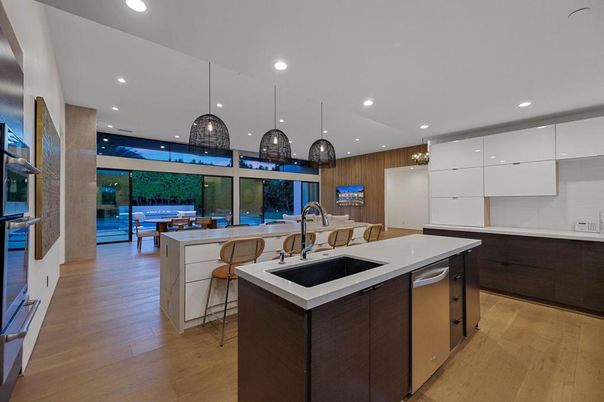 Interior, Kitchen, Pendant Lights, Recessed Lighting, Wood Texture Flooring