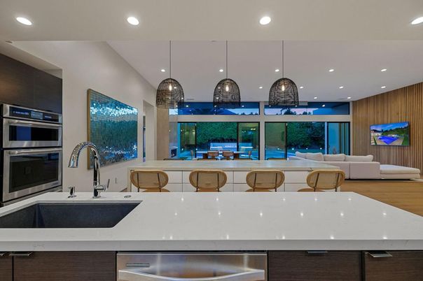 Interior, Kitchen, Living room, Pendant Lights, Recessed Lighting, Stainless Steel Appliances, Wood Texture Flooring