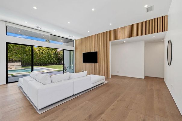 Interior, Living room, Recessed Lighting, Wood Texture Flooring, Wooden Walls