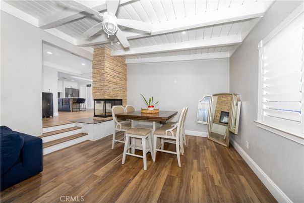 Dining room, Fireplace, Interior, Recessed Lighting, Wood Texture Flooring