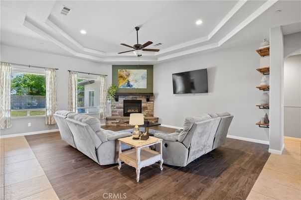 Fireplace, Interior, Living room, Recessed Lighting, Wood Texture Flooring