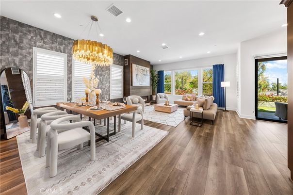 Chandelier, Dining room, Interior, Living room, Recessed Lighting, Wood Texture Flooring