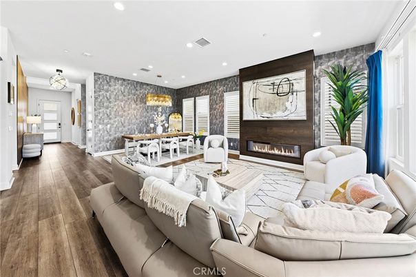 Dining room, Fireplace, Interior, Living room, Pendant Lights, Recessed Lighting, Wood Texture Flooring