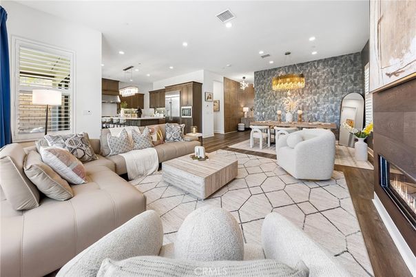 Chandelier, Dining room, Fireplace, Interior, Kitchen, Living room, Pendant Lights, Recessed Lighting, Wood Texture Flooring