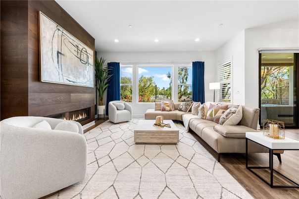 Fireplace, Interior, Living room, Recessed Lighting, Wood Texture Flooring