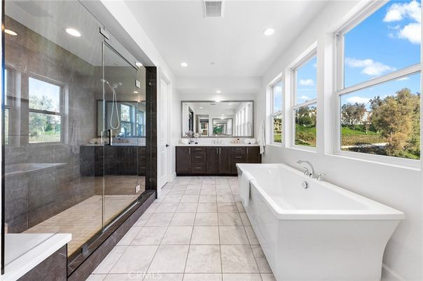 Bathroom, Dual Sink Vanities, Free Standing Baths, Glass Shower, Interior, Recessed Lighting