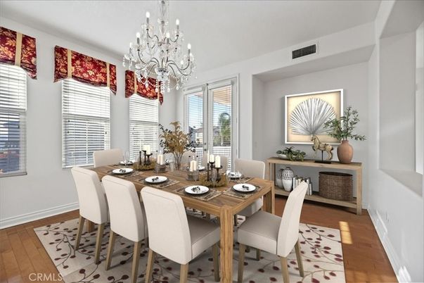 Chandelier, Dining room, Interior, Wood Texture Flooring