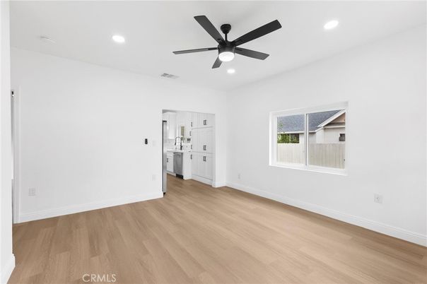Empty room, Interior, Kitchen, Recessed Lighting, Wood Texture Flooring