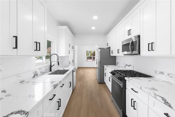Interior, Kitchen, Marble Walls, Recessed Lighting, Wood Texture Flooring