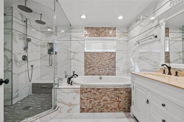 Bathroom, Glass Shower, Interior, Marble Walls, Recessed Lighting