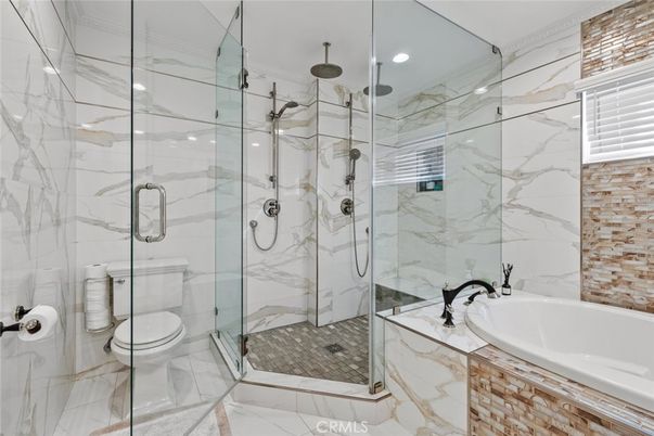 Bathroom, Glass Shower, Interior, Marble, Marble Walls, Recessed Lighting