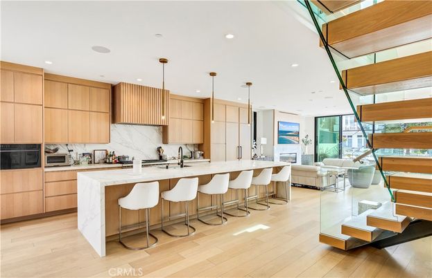 Interior, Kitchen, Living room, Marble Walls, Pendant Lights, Recessed Lighting, Wood Texture Flooring