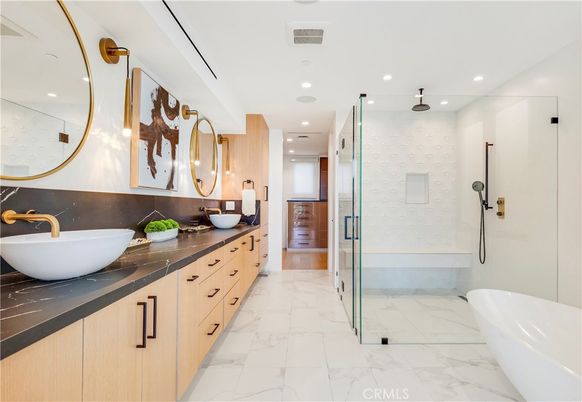 Bathroom, Dual Sink Vanities, Free Standing Baths, Glass Shower, Interior, Marble, Recessed Lighting