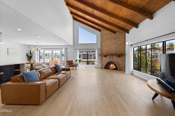 Dining room, Fireplace, Interior, Living room, Pendant Lights, Recessed Lighting, Stone Walls, Wooden Beams, Wooden Ceilings, Wood Texture Flooring