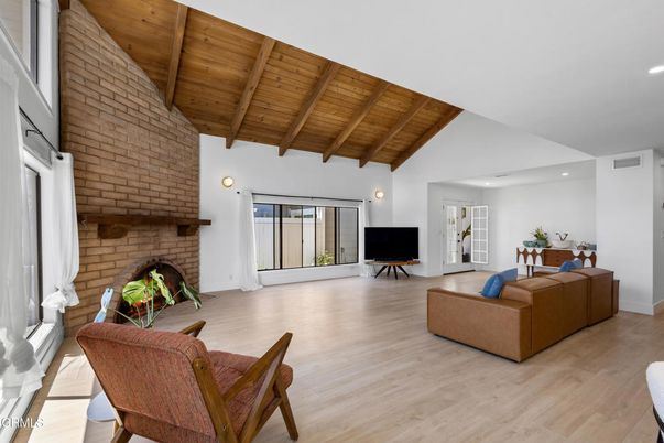 Fireplace, Interior, Living room, Recessed Lighting, Stone Walls, Wooden Beams, Wooden Ceilings, Wood Texture Flooring