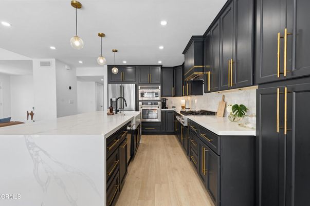 Interior, Kitchen, Pendant Lights, Recessed Lighting, Stainless Steel Appliances, Wood Texture Flooring