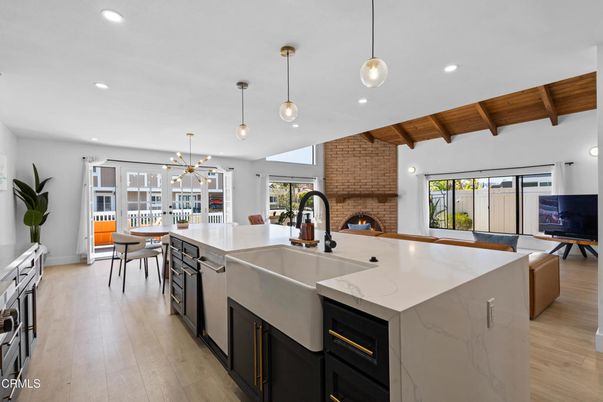 Dining room, Fireplace, Interior, Kitchen, Pendant Lights, Recessed Lighting, Stone Walls, Wooden Beams, Wooden Ceilings, Wood Texture Flooring