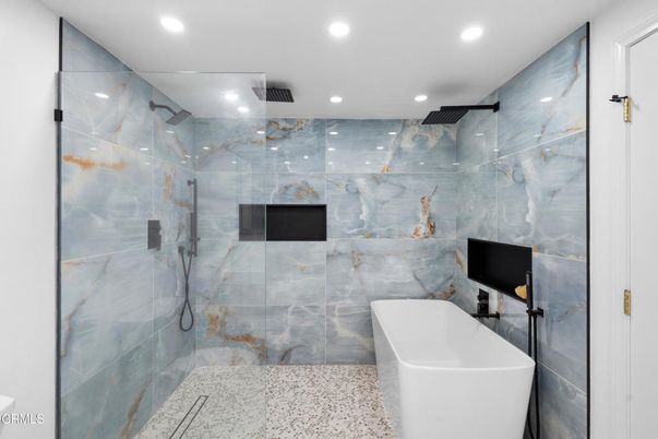 Bathroom, Free Standing Baths, Glass Shower, Interior, Marble Walls, Recessed Lighting