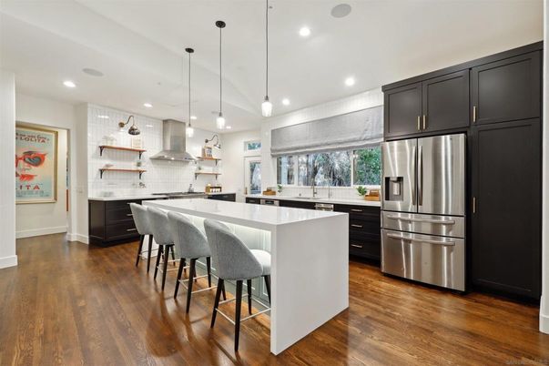 Interior, Kitchen, Pendant Lights, Recessed Lighting, Stainless Steel Appliances, Wood Texture Flooring