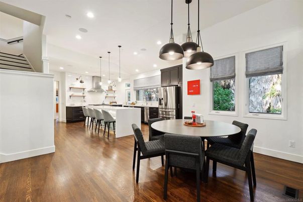 Dining room, Interior, Kitchen, Pendant Lights, Recessed Lighting, Stainless Steel Appliances, Wood Texture Flooring
