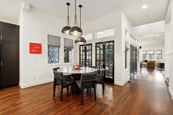 Dining room, Fireplace, Interior, Pendant Lights, Recessed Lighting, Wood Texture Flooring