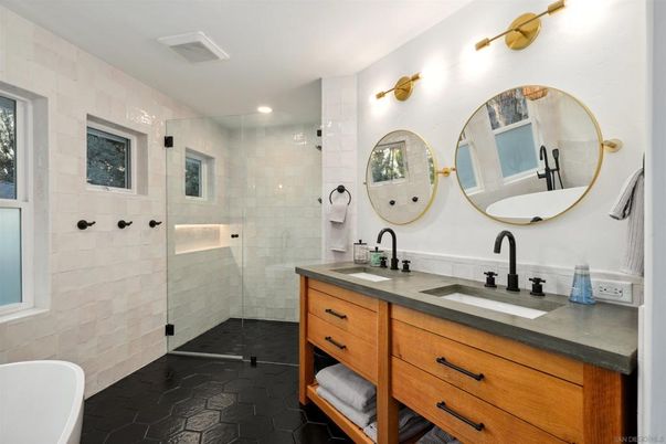 Bathroom, Dual Sink Vanities, Glass Shower, Interior, Recessed Lighting, Stone Walls