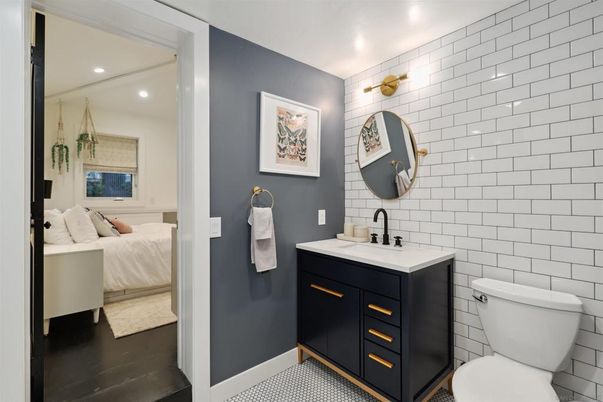 Bathroom, Bedroom, Dual Sink Vanities, Interior, Recessed Lighting, Wood Texture Flooring