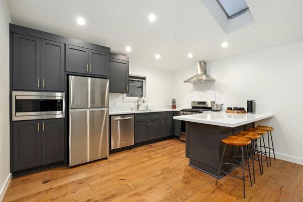 Interior, Kitchen, Recessed Lighting, Stainless Steel Appliances, Wood Texture Flooring