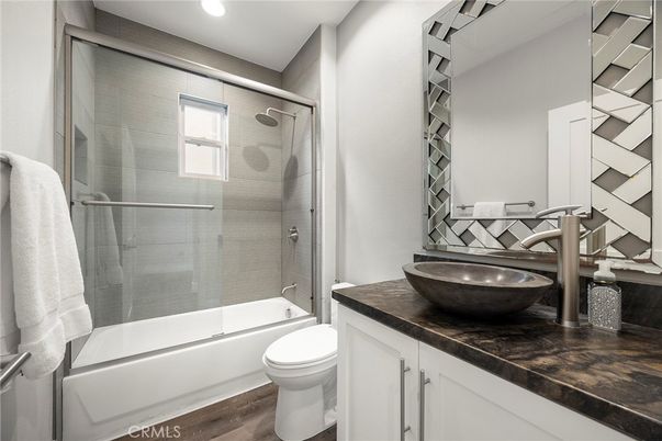 Bathroom, Glass Shower, Interior, Recessed Lighting, Wood Texture Flooring