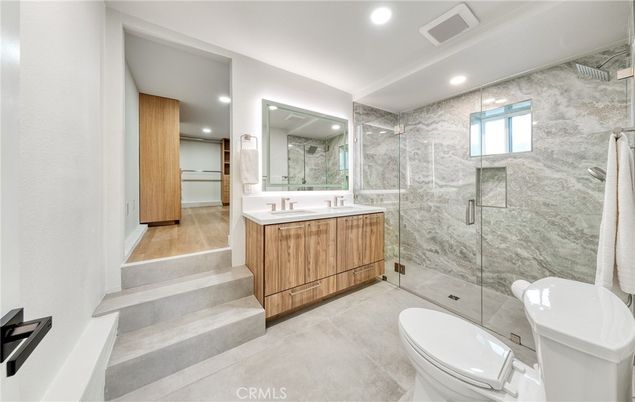 Bathroom, Glass Shower, Interior, Recessed Lighting, Wood Texture Flooring