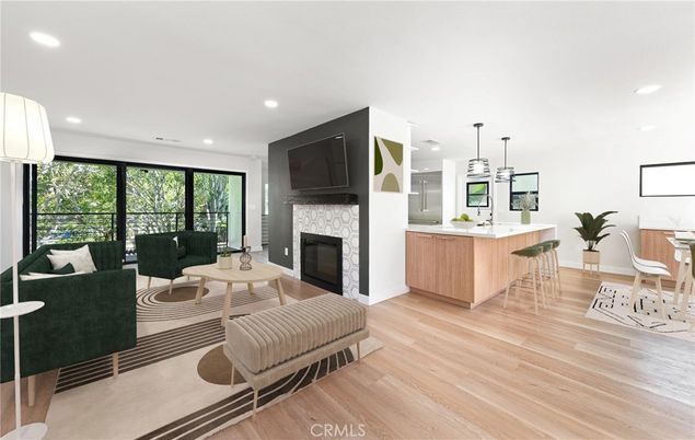 Fireplace, Interior, Kitchen, Living room, Pendant Lights, Recessed Lighting, Wood Texture Flooring