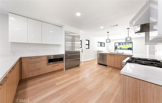 Interior, Kitchen, Pendant Lights, Recessed Lighting, Stainless Steel Appliances, Wood Texture Flooring