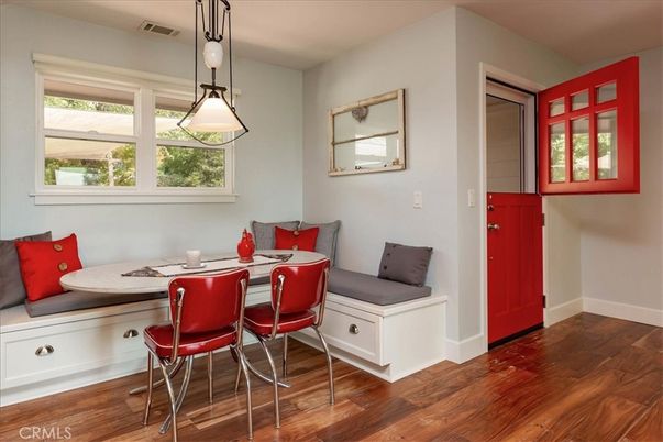 Dining room, Interior, Pendant Lights, Wood Texture Flooring