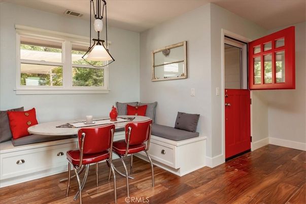 Dining room, Interior, Pendant Lights, Wood Texture Flooring