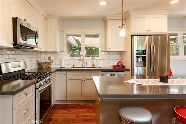 Interior, Kitchen, Pendant Lights, Recessed Lighting, Stainless Steel Appliances, Wood Texture Flooring