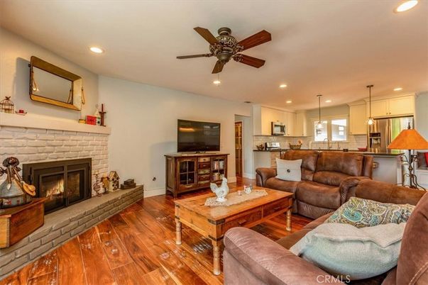 Fireplace, Interior, Kitchen, Living room, Pendant Lights, Recessed Lighting, Stone Walls, Wood Texture Flooring