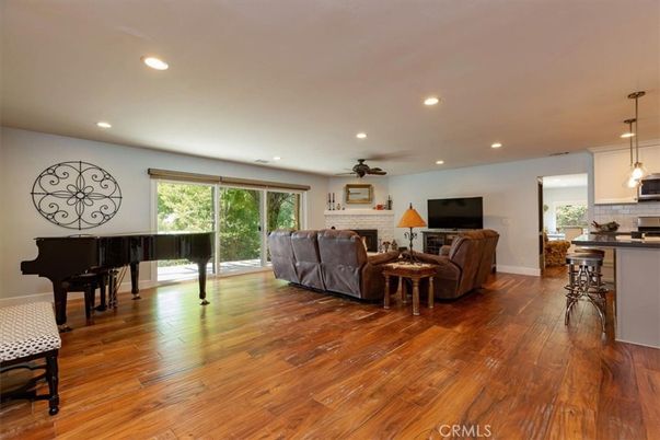 Fireplace, Interior, Kitchen, Living room, Pendant Lights, Piano, Recessed Lighting, Wood Texture Flooring