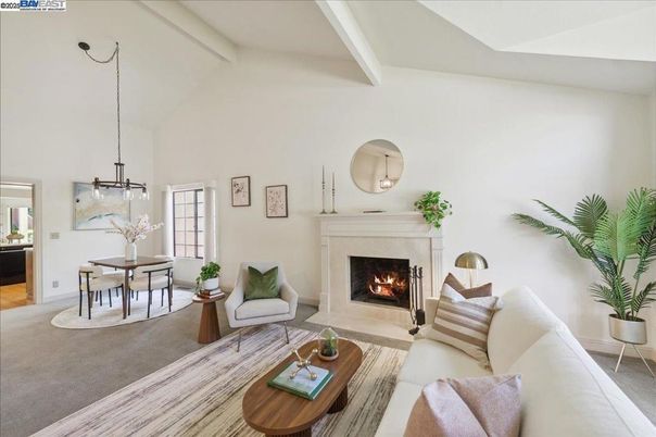 Dining room, Fireplace, Interior, Living room, Pendant Lights