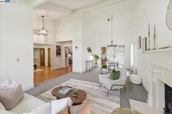 Dining room, Fireplace, Interior, Living room, Pendant Lights, Wood Texture Flooring