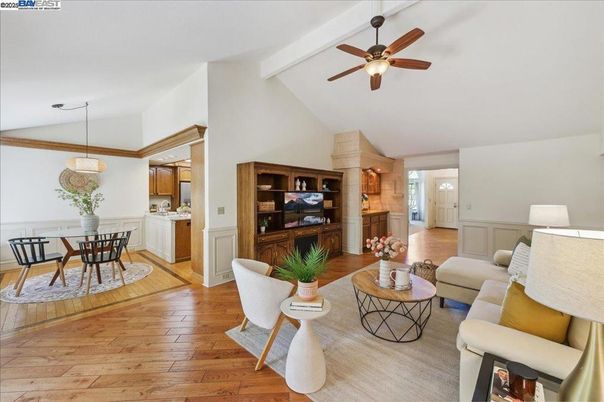 Dining room, Interior, Kitchen, Living room, Pendant Lights, Wood Texture Flooring