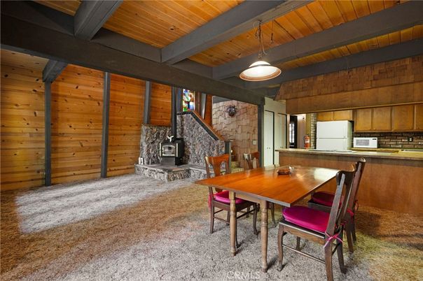 Dining room, Fireplace, Interior, Pendant Lights, Stone Walls, Wooden Beams, Wooden Ceilings, Wooden Walls