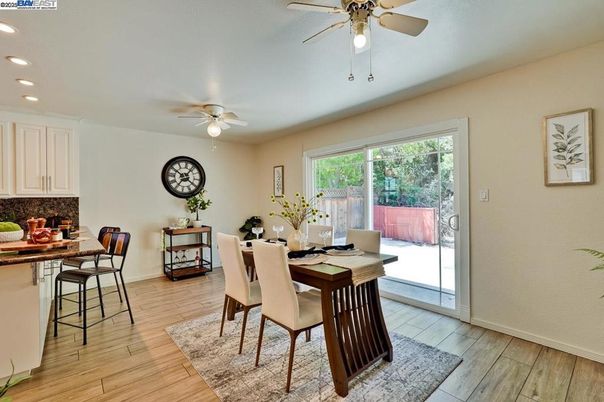 Dining room, Interior, Recessed Lighting, Wood Texture Flooring
